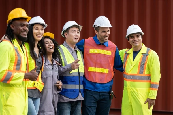 Gruppe von Arbeitern in Schutzkleidung und Helmen posiert gemeinsam lachend vor Container, steht für Teamgeist und erfolgreiches maritime recruitment.