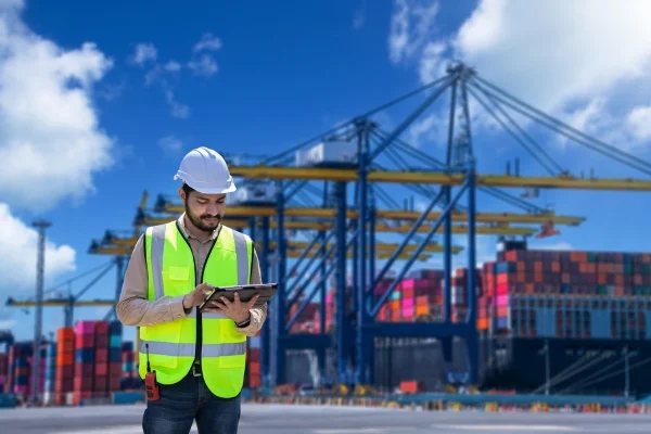 Hafenarbeiter mit Schutzhelm und Tablet vor Containerhafen, überwacht Logistikprozesse und steht für effizientes maritime recruitment in globalen Lieferketten.
